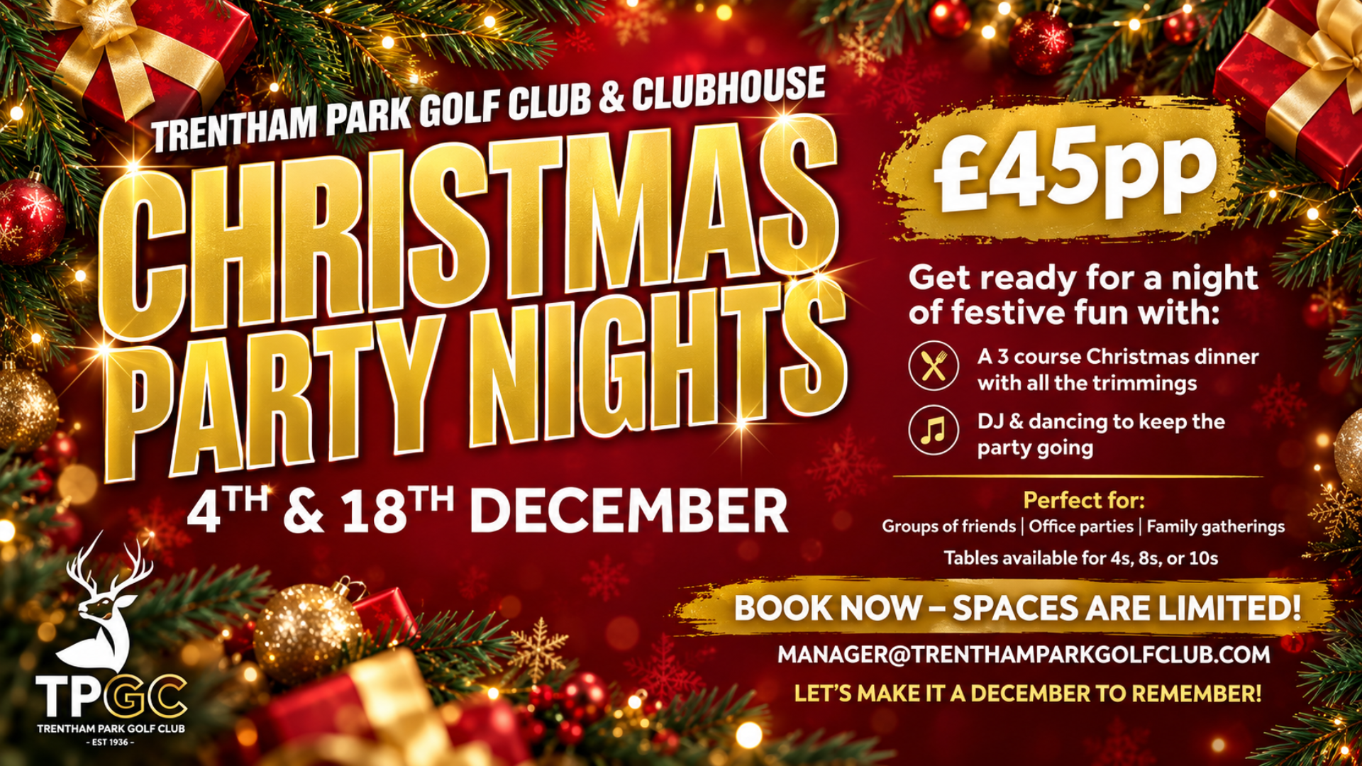 Christmas Party Nights at Trentham Park Golf Club on 4 and 18 December 2026